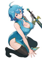  absurdres ahoge ass bare_arms blue_hair blue_tunic blush breasts cleavage commentary commission commissioner_upload dress earrings english_commentary female fire_emblem fire_emblem:_genealogy_of_the_holy_war grin groin hand_on_ground hand_up headband highres holding holding_sword holding_weapon jewelry kneeling large_breasts looking_at_viewer mashiroshiro no_panties no_shoes open_clothes original pelvic_curtain popped_collar purple_eyes selia_(mrtalkingdino) sheath sheathed short_hair sidelocks skeb_commission skindentation sleeveless sleeveless_dress smile solo sword thighhighs thighs tomboy transparent_background tunic weapon white_headband 