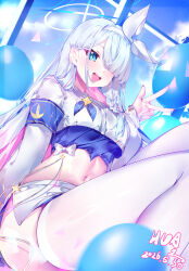  :d artist_name balloon blue_archive blue_eyes blue_hairband blue_shirt chinese_commentary commentary dated female general_student_council_president_(blue_archive) hair_over_one_eye hairband halo highres hua-huahua jacket long_hair looking_at_viewer midriff multicolored_hair navel one_eye_covered open_mouth pink_hair shirt skirt smile solo teeth thighhighs upper_teeth_only w white_hair white_hairband white_halo white_jacket white_skirt white_thighhighs 