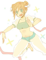  :d bare_arms barefoot blush_stickers breasts commentary_request dancer dancing double_bun female fire_emblem fire_emblem:_the_binding_blade green_eyes green_trim hair_bun hands_up happy larum_(fire_emblem) midriff navel open_mouth orange_hair serina_ranshi short_hair short_sleeves sidelocks simple_background small_breasts smile solo sparkle stomach white_background 