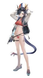  absurdres alternate_costume arknights arms_behind_head ball bare_legs belt bikini bikini_under_clothes blue_hair breasts ch'en_(arknights) chinese_commentary cleavage commentary_request criss-cross_halter dragon_girl dragon_horns dragon_tail eastern_dragon_horns eastern_dragon_tail female full_body groin halterneck highres holding holding_ball horns jacket liduke linea_alba looking_at_viewer medium_breasts multicolored_jacket navel red_bikini red_eyes shoes sidelocks simple_background solo standing swimsuit tail thigh_belt thigh_strap third-party_source two-tone_jacket visor_cap volleyball_(object) waifu2x water_gun white_background 
