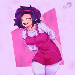  :d arms_behind_back artist_name black_hair breasts commentary cowboy_shot female friday_night_funkin' hairband heart highres hloarts long_sleeves medium_breasts nene_(newgrounds) open_mouth overalls pantyhose pink_hairband pink_overalls sharp_teeth shirt short_hair short_hair_with_long_locks sidelocks smile solo teeth thighs upper_teeth_only white_eyes white_shirt 