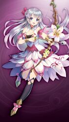  armlet arrow_(projectile) black_thighhighs blue_eyes bow_(weapon) braid braided_base clarice_walden_(grimms_notes) clarice_walden_(repage)_(grimms_notes) dress female flower_on_weapon full_body game_asset gold_armlet gold_shoes grey_hair grimms_notes holding holding_arrow holding_bow_(weapon) holding_weapon jewelry layered_dress long_hair looking_at_viewer nemusuke non-web_source official_art open_mouth purple_background shoes smile solo standing standing_on_one_leg thighhighs weapon white_dress 