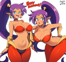  artist_name bent_over blue_eyes bracer breasts choker cleavage commentary_request earrings english_commentary female fingernails gold_bracer hand_on_own_ass happy_birthday highres hoop_earrings jarckius jewelry large_breasts long_hair looking_at_viewer mixed-language_commentary multiple_views nail_polish navel open_mouth pants pointy_ears ponytail purple_hair purple_nails shantae shantae_(series) standing teeth upper_teeth_only very_long_hair 