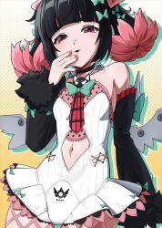  bare_shoulders black_choker black_hair bow bowtie choker clothing_cutout colored_inner_hair commentary detached_sleeves dotted_background dress female fur-trimmed_sleeves fur_trim gdog_0164 gradient_background green_bow green_bowtie hairbow hand_up looking_at_viewer multicolored_hair multiple_hair_bows nangong_yu navel navel_cutout necktie open_mouth pink_nails red_eyes red_necktie short_twintails sleeve_bow solo twintails two-tone_background untranslatable_commentary white_background white_dress white_wings wings yellow_background zenless_zone_zero 