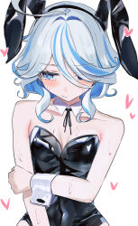  absurdres ahoge animal_ear_hairband animal_ears bare_shoulders black_leotard blue_eyes blue_hair breasts commentary detached_collar drop-shaped_pupils fake_animal_ears female furina_(genshin_impact) genshin_impact hair_over_one_eye hairband highres leotard looking_to_the_side mino_(minori) multicolored_hair playboy_bunny rabbit_ear_hairband rabbit_ears simple_background small_breasts solo strapless strapless_leotard streaked_hair symbol-shaped_pupils untranslatable_commentary upper_body white_background wrist_cuffs 