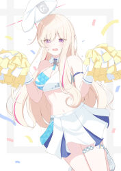  @_@ absurdres alternate_costume bare_shoulders beret blonde_hair blonde_student_council_president_(blue_archive) blue_archive blush breasts cheerleader commentary confetti criss-cross_halter detached_collar embarrassed female flying_sweatdrops gloves hair_between_eyes halo halterneck hands_up hat highres holding holding_pom_poms kotokoto_(pixiv_105451061) large_breasts long_hair looking_at_viewer midriff millennium_cheerleader_outfit_(blue_archive) miniskirt multicolored_hair multicolored_halo navel pleated_skirt pom_pom_(cheerleading) purple_eyes red_hair red_halo shoes skirt solo sports_bra stomach streaked_hair sweatdrop tareme two-tone_hair two-tone_halo very_long_hair wavy_mouth white_gloves white_halo white_shoes white_skirt 