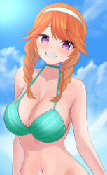  absurdres bikini blush braid breasts choker cleavage cloud cloudy_sky collarbone commentary_request day female green_bikini green_choker green_streaks grin hairband highres hololive hololive_english large_breasts long_hair looking_at_viewer multicolored_hair navel orange_hair outdoors parted_bangs purple_eyes ramkilog sky smile solo streaked_hair swimsuit takanashi_kiara twin_braids upper_body virtual_youtuber white_hairband 