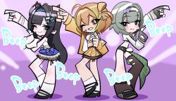  3girls absurdres animal_ears anis_(nikke) anis_(star)_(t.t._star)_(nikke) aqua_eyes black_hair black_shoes black_shorts black_socks black_thighhighs blue_eyes blue_hairband blue_skirt breasts brown_eyes brown_hair brown_jacket cat_ears commentary english_text fishnet_pantyhose fishnets goddess_of_victory:_nikke grey_hair hair_ornament hairband headset highres jacket long_hair long_sleeves medium_hair midriff mint_(nikke) multiple_girls one_eye_closed orange_skirt panty_&amp;_stocking_with_garterbelt panty_&amp;_stocking_with_garterbelt_(style) pantyhose parody prika_(nikke) shirt shoes shorts single_thighhigh skirt smile socks star-shaped_pupils star_(symbol) style_parody symbol-shaped_pupils t.t._star_(nikke) thighhighs white_hairband white_shirt white_socks yorha_oekaki 