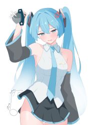  anger_vein arm_at_side black_skirt black_sleeves blue_eyes blue_hair blue_necktie blue_trim blush breasts clothes_lift collared_shirt combat_knife commentary_request cowboy_shot detached_sleeves disembodied_hand female hair_between_eyes hair_ornament half-closed_eyes hand_up hatsune_miku highres holding holding_knife holding_weapon knife long_hair long_sleeves looking_at_viewer medium_breasts miniskirt necktie open_mouth pleated_skirt shirt sidelocks simple_background skirt skirt_lift sleeveless sleeveless_shirt solo twintails very_long_hair vocaloid weapon white_background white_shirt wide_sleeves y_vdo 