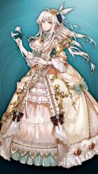  aqua_background blue_eyes breasts cleavage dress earrings female flower frills game_asset gem grimms_notes holding holding_flower holding_staff holding_weapon jewelry kyoka_hatori large_breasts long_hair marie_antoinette_(grimms_notes) marie_antoinette_(repage)_(grimms_notes) non-web_source official_art red_gem solo staff teeth weapon white_dress white_flower white_hair 