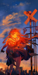  absurdres arm_cutout black_choker black_hair black_jacket black_serafuku black_shirt black_skirt blue_sky chinese_commentary chisa_(wuthering_waves) choker clothing_cutout commentary_request evening female hair_ribbon hand_up highres hundun_hdun jacket long_hair long_sleeves neckerchief orange_sky outdoors petals red_neckerchief ribbon sailor_collar school_uniform serafuku shirt skirt sky solo standing tacet_mark_(wuthering_waves) white_sailor_collar wind wuthering_waves 