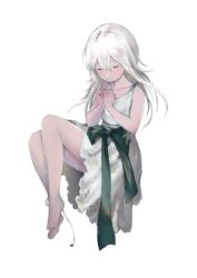  a1047 arms_up bare_shoulders barefoot black_bow bow closed_eyes closed_mouth collarbone commentary double-parted_bangs dress english_commentary female floating_hair full_body hair_between_eyes highres long_hair nier nier_(series) sash simple_background solo white_background white_dress white_hair yonah 