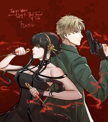  1boy bare_shoulders black_dress black_hair blonde_hair breasts cleavage commentary dagger dress earrings english_commentary female gold_earrings gold_hairband green_eyes hairband highres holding husband_and_wife jewelry knife large_breasts long_hair rou_uor short_hair simple_background spy_x_family stiletto_(weapon) twilight_(spy_x_family) weapon yor_briar 
