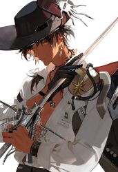  1boy absurdres arknights basket_hilt bishounen black_gloves black_hat brown_hair chinese_commentary closed_mouth commentary_request dark-skinned_male dark_skin ear_piercing earclip earrings gloves hand_on_blade hat highres holding holding_sword holding_weapon jewelry long_hair long_sleeves looking_at_viewer male_focus necklace open_clothes open_shirt orange_eyes piercing rapier shiniesk shirt simple_background single_glove solo sword thorns_(arknights) thorns_(blade-cleaved_tides)_(arknights) upper_body weapon white_background white_shirt 