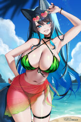  animal_ears arm_up armpits ass_visible_through_thighs bare_arms bare_shoulders beach bikini black_choker black_hair black_nails blue_eyes blue_hair blush breasts choker cleavage colored_inner_hair commentary cowboy_shot day english_commentary eyewear_on_head female front-tie_bikini_top front-tie_top green_bikini heart heart-shaped_eyewear highres large_breasts mole mole_under_eye multicolored_hair nail_polish navel o-ring o-ring_bikini original outdoors patreon_username red-tinted_eyewear reiko_(tofuubear) skindentation smile solo stomach sunglasses swimsuit thigh_strap thighs tinted_eyewear tofuubear two-tone_hair water 