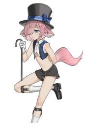  1boy animal_ears arm_behind_back black_hat black_shoes black_shorts blue_bow blue_eyes blue_ribbon bow brown_hair cane commentary cropped_vest english_commentary foot_out_of_frame fox_boy fox_ears gloves hair_over_one_eye hat hat_bow hat_ribbon highres holding holding_cane indie_virtual_youtuber kitsen_(vtuber) male_focus midriff naomifiction navel ribbon shoes short_hair shorts simple_background sleeveless smile socks solo top_hat trap vest virtual_youtuber white_background white_gloves white_socks 