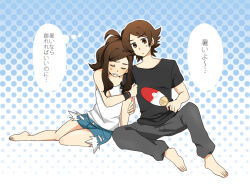  1boy antenna_hair barefoot black_shirt brown_eyes brown_hair closed_eyes commentary_request denim denim_shorts exposed_pocket female grabbing_another's_arm grey_pants hand_fan head_tilt hilbert_(pokemon) hilda_(pokemon) holding holding_fan hot pants pokemon pokemon_black_and_white pote_(noah7200) shirt shorts sitting sleeveless sleeveless_shirt sweat translation_request white_shirt 