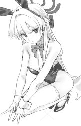  absurdres animal_ear_hairband animal_ears armpit_crease blue_archive bow bowtie braid breasts detached_collar expressionless fake_animal_ears female greyscale hair_intakes hair_ribbon hairband half_up_braid half_updo halo hanakonenne high_heels highleg highleg_leotard highres leotard long_hair looking_to_the_side medium_breasts monochrome multicolored_hair official_alternate_costume playboy_bunny rabbit_ear_hairband rabbit_ears ribbon single_sidelock squatting strapless strapless_leotard streaked_hair thighhighs toki_(blue_archive) toki_(bunny)_(blue_archive) v white_thighhighs white_wrist_cuffs wrist_cuffs 