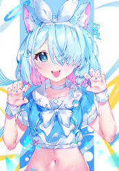  :d animal_ears arona_(blue_archive) artist_name blue_archive blue_eyes blue_hair blue_halo blue_nails blue_shirt bow bowtie braid cat_ears chinese_commentary choker commentary cowboy_shot dated female hair_over_one_eye hairband halo highres hua-huahua midriff multicolored_hair navel one_eye_covered open_mouth pink_hair sailor_collar shirt short_hair side_braid smile solo teeth upper_body upper_teeth_only white_bow white_bowtie white_choker white_hairband white_sailor_collar white_wrist_cuffs wrist_cuffs 