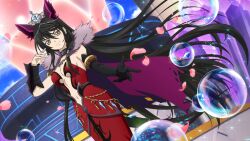  animal_ears arm_up artist_request black_choker black_gloves black_hair blue_sky breasts bubble cape choker closed_mouth cloud commentary cowboy_shot day dress elbow_gloves english_commentary fake_animal_ears female game_asset gloves hair_between_eyes jewelry long_hair looking_at_viewer medium_breasts navel necklace official_alternate_costume official_alternate_hairstyle official_art outdoors purple_cape reaching reaching_towards_viewer red_dress silver_tiara single_glove sky smile solo standing tales_of_(series) tales_of_berseria tales_of_the_rays third-party_source velvet_crowe velvet_crowe_(tirug_land_queen) very_long_hair yellow_eyes 