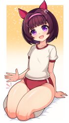  absurdres animal_ears blunt_bangs blush brown_hair buruma collarbone commentary ear_covers english_commentary female gician_l gym_shirt hair_ornament hairband highres horse_ears horse_girl looking_at_viewer nishino_flower_(umamusume) open_mouth pink_hairband purple_eyes red_buruma seiza shirt short_hair short_sleeves sitting smile socks thighs tracen_training_uniform umamusume white_shirt white_socks x_hair_ornament 