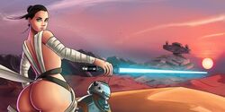  ass breasts brown_hair bubble_butt busty desert female female_focus female_only hourglass_figure huge_ass huge_breasts lightsaber loiclebertart outdoors pose posing rey sideboob solo star_wars tied_hair wide_hips 