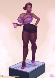  2019 big_breasts breasts bursting_breasts bursting_clothes clothed dark-skinned_female dark_skin earrings female female_only hair_bun hairbun high_heels human human_only long_hair low_cut_top notzackforwork original_character short_skirt skirt solo solo_female stockings 