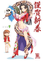  2girls black_hair blue_shorts boa_hancock boa_hancock_(cosplay) breasts brown_eyes brown_hair cosplay crop_top earrings gekota grey_eyes high_heels jewelry kongou_mitsuko micro_shorts misaka_mikoto monkey_d._luffy monkey_d._luffy_(cosplay) multiple_girls navel one_piece open_clothes open_shirt raika9 red_footwear red_skirt salome_(one_piece) salome_(one_piece)_(cosplay) shorts simple_background skirt skull skull_on_head small_breasts snake snake_earrings toaru_kagaku_no_railgun toaru_majutsu_no_index white_background 