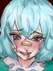  bandaid bandaid_on_cheek bandaid_on_face bandaid_on_nose blood blood_on_face blue_eyes blue_hair blush bruise bruise_on_face chichipansy cookie_(touhou) crying crying_with_eyes_open female hair_between_eyes heterochromia highres injury looking_at_viewer mioto_(cookie) open_mouth portrait red_eyes ryona short_hair smile solo tatara_kogasa tears teeth touhou upper_teeth_only 