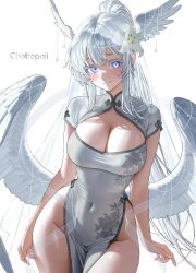  artist_name blue_eyes breasts china_dress chinese_clothes chokopaii cleavage cleavage_cutout clothing_cutout commission covered_navel cowboy_shot dress feathered_wings female floral_print flower grey_theme grey_trim hair_flower hair_ornament head_wings highres large_breasts light_blush lily_(flower) long_hair looking_at_viewer low_wings mandarin_collar original pelvic_curtain ponytail revealing_clothes smile solo tight_clothes tight_dress white_background white_dress white_eyelashes white_hair white_lily wings 