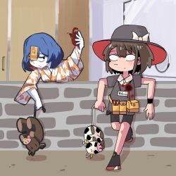  2girls artist_collaboration azuki_aisu_ranmaru black_eyes black_footwear black_shorts blank_eyes blood blue_hair bow brown_hair collared_shirt colored_inner_hair colored_skin commentary_request cookie_(touhou) full_body grey_hat grey_shirt hat hat_bow holding_heart_(organ) indie_virtual_youtuber japanese_clothes jiangshi jiko_mujun kimono leftame looking_at_another looking_to_the_side multicolored_hair multiple_girls open_mouth orange_hair orange_kimono shirt short_hair shorts stuffed_cow sznkrs touhou usami_renko virtual_youtuber white_bow white_kimono white_skin wristband yagasuri 