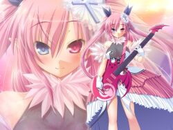  bare_shoulders blush breasts chu_x_chu chu_x_chu_idol chua_churam dress female female gloves guitar hair_between_eyes heterochromia highres holding instrument long_hair looking_at_viewer ozawa_akifumi pink_hair pointy_ears smile solo standing twintails vampire wallpaper white_gloves zoom_layer 