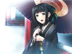  architecture black_hair bow brown_eyes cartagra east_asian_architecture hairbow hatsune_(cartagra) japanese_clothes kimono long_sleeves looking_at_viewer open_mouth oriental_umbrella ribbon short_hair simosi snow snowing solo tears umbrella upper_body wallpaper 