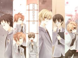  6+boys :3 adjusting_eyewear arch arm_across_chest arms_up black_necktie black_pants blonde_hair blue_eyes blue_jacket blush book branch brick brown_eyes brown_hair collared_shirt column_lineup covering_own_mouth crossdressing deviantart_username emblem falling_leaves falling_petals female flower frown fujioka_haruhi hands_up haninozuka_mitsukuni hitachiin_hikaru hitachiin_kaoru holding holding_book holding_flower indoors jacket leaf light_smile lolicon looking_at_viewer looking_down male_focus morinozuka_takashi multiple_boys necktie night one_eye_closed ootori_kyouya open_mouth orange_hair ouran_high_school_host_club ouran_high_school_uniform outdoors pants petals pink_petals pink_stuffed_animal rain red_flower red_rose rose round_eyewear sad school_uniform shirt short_hair siblings smile standing stuffed_animal stuffed_rabbit stuffed_toy suou_tamaki third-party_source translation_request twilight twins upper_body white_shirt window wing_collar zaphk 