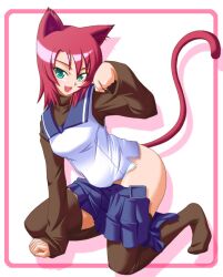  animal_ears blue_eyes blush cat_ears cat_tail catgirl green_eyes hirorin juliet mai-hime mai-otome my-hime my_hime nao nao_yuuki nekomimi no_panties oerba_yun_fang red_hair school_uniform seifuku serafuku short_hair skirt tail thigh_highs thighhighs uniform yuuki_nao 