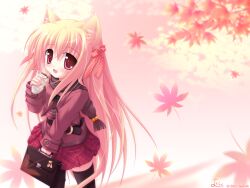  1280x960 animal_ears blush blush bow cat_ears cat_tail catgirl food leaf leaves long_hair maple_leaf maple_leaves nekomimi oerba_yun_fang skirt tail thigh_highs thighhighs wallpaper 