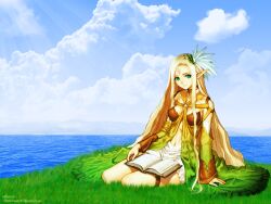  blonde_hair blue_eyes book breasts celestia elf eternal_forest&#039;s_chanting eye_contact facial_mark forehead_mark highres long_hair looking_at_another midriff pointy_ears sega shining_(series) shining_wind skirt small_waist taka_tony tanaka_takayuki tony_taka wallpaper 