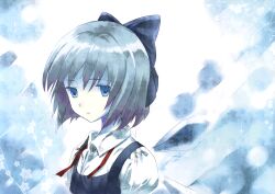  absurdres blue_eyes blue_hair blush bow bowtie cirno collared_shirt dress dress_shirt flower hairbow happy highres ice ice_wings lips looking_at_viewer open_mouth puffy_short_sleeves puffy_sleeves sad_smile shirt short_hair short_sleeves solo touhou upper_body wings yasuyuki 