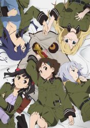  5girls aqua_eyes artist_request bad_proportions barefoot black_hair blonde_hair blue_hair blush brown_eyes brown_hair crossed_arms feet filicia_heideman glasses grey_eyes grey_hair hair_ornament hairclip helvetian_military_uniform highres instrument jewelry kannagi_noel kazumiya_rio long_hair lying military military_uniform multiple_girls official_art on_back open_mouth pendant short_hair soles sora_no_woto sorami_kanata suminoya_kureha trumpet twintails uniform 