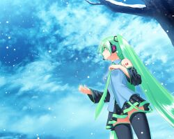  detached_sleeves green_hair green_nails hatsune_miku headset long_hair nail_polish necktie skirt sky snowing solo thighhighs tree twintails very_long_hair vocaloid yasuyuki zettai_ryouiki 