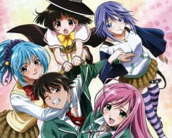  akashiya_moka aono_tsukune blue_hair kurono_kurumu long_hair pink_hair purple_hair rosario+vampire sendo_yukari shirayuki_mizore thigh-highs 