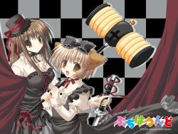  2girls animal_ears blush brown_eyes brown_hair dog_ears gothic_lolita hammer hat highres katana kotori_(character) laughing lolita_fashion long_hair multiple_girls nekoneko oerba_yun_fang petit_hound photoshop_(medium) ribbon short_hair sword tieru weapon 