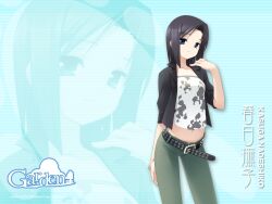  1280x960 black_hair flat_chest garden jacket midriff short_hair wallpaper 