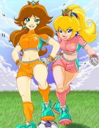  2girls ball breasts football long_hair midriff multiple_girls nintendo outdoors princess_daisy princess_peach sky soccer soccer_ball sport sports super_mario super_mario_bros. super_mario_land super_mario_strikers 