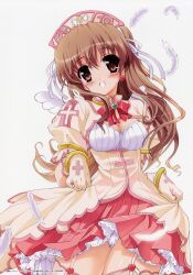  absurdres blush breasts brown_eyes brown_hair cleavage clothes_lift cross feathers female garter_straps gloves hair_ribbon hat heart highres medium_breasts nogizaka_haruka nogizaka_haruka_no_himitsu nurse_cap panties pink_thighhighs puffy_short_sleeves puffy_sleeves ribbon shaa short_sleeves skirt skirt_lift solo thighhighs underwear white_panties wings 