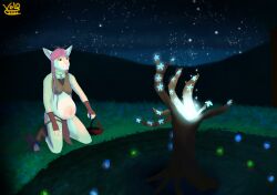 anthro calm druid fangs felid female fur grass green_eyes hair half-closed_eyes hi_res jewelry kneeling magic magic_circle magic_user mammal midriff narrowed_eyes navel necklace night outie_navel outside pink_hair plant pregnant pregnant_female prehistoric_species saber-toothed_tiger sabertooth_(anatomy) sky smile solo star starry_sky teeth tree tribal tribal_clothing tribal_spellcaster velocatt white_body white_fur 