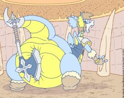  anthro ass axe big_butt blue_body brown_hair digital_media_(artwork) dragon drew_(dragovian15) hair huge_butt hyper hyper_butt male membrane_(anatomy) membranous_wings monobutt multicolored_body mythological_creature mythological_scalie mythology overweight overweight_male pain scalie solo tail two_tone_body virus-20 wings yellow_body 
