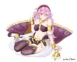  bare_shoulders black_legwear blush breasts bridal_gauntlets clenched_teeth commentary cosplay female fire_emblem fire_emblem_awakening fire_emblem_fates fire_emblem_heroes grin hairband hand_fan ippers jewelry long_hair lying medium_breasts midriff navel olivia_(fire_emblem) olivia_(fire_emblem)_(cosplay) olivia_(performing_arts)_(fire_emblem) pelvic_curtain pink_eyes pink_hair sandals see-through smile soleil_(fire_emblem) solo teeth twitter_username 