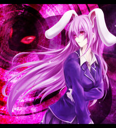  animal_ears blazer cofi_(eternal) commentary_request extra_ears female glowing glowing_eyes jacket long_hair looking_back pale_skin pleated_skirt purple_hair rabbit rabbit_ears red_eyes reisen_udongein_inaba skirt solo touhou very_long_hair 