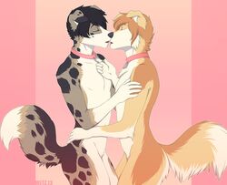  2013 avoid_posting canid canine canis closed_eyes collar domestic_dog kissing male male/male mammal metz naturally_censored nude standing 